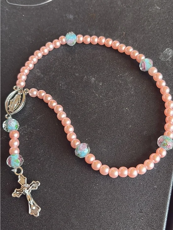 Pink Pearl Rosary Necklace with Crucifix - Picture 2 of 2